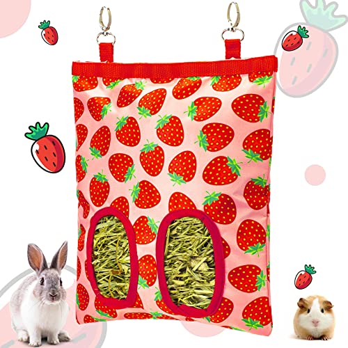 Rabbit Hay Feeder, Hanging Guinea Pig Hay Feeder Bag for Bunny Chinchilla Hamster with Back Hooks, 2 Holes, 9.8x11.4Inch - color: Strawberry