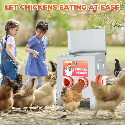 6 Port Automatic Chicken Feeder, No Waste Poultry Feeder with Lid | 85 LBS Large Gravity, Weatherproof Lid, Locking Latch, Convenient Handle, Heavy Duty Automatic Metal Chicken Feeder - size: 6 Ports (85-120 LBS)