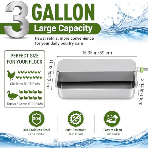 Shimeyao 3 Gallon Automatic Chicken Water Dispenser 304 Stainless Steel Large Capacity Self Filling Poultry Waterer for Hens Ducks Livestock Sturdy Gravity Fed with Float Valve Drinking Bowl
