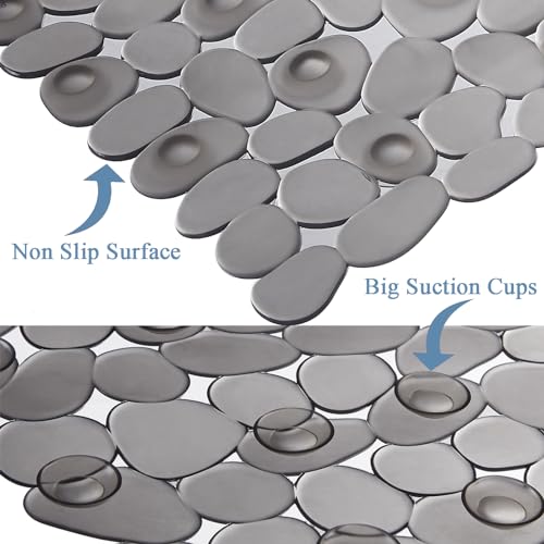 Webos Bath Shower Mat Non Slip: Extra Large Pebble Bathtub mat for Families, Anti Slip Shower Matt with Drain Holes Suction Cups Tub Mat - 16 X 40 Inch Clear Grey - color: Pebble Clear Grey