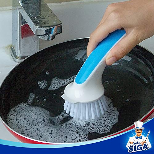 MR.SIGA Pot and Pan Cleaning Brush, Dish Brush for Kitchen, Blue, Pack of 2 | Dish brush with non slip handle and built in scraper - color: Blue & White