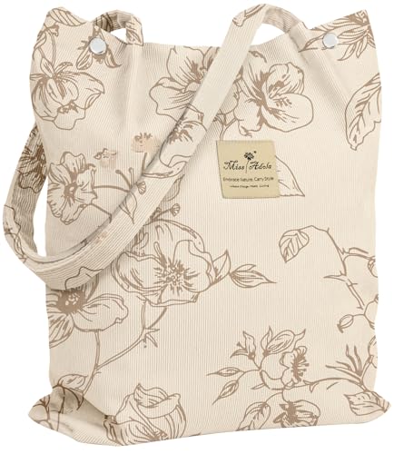 Miss Adola Corduroy Tote Bag for Women with Aesthetic Design | Magnetic Buckle & Pocket, Reusable, Soft, Roomy, Long Shoulder Handles, Double-sided Print, Casual Daily Work, Grocery Bags - color: Simple Flower, size: Large