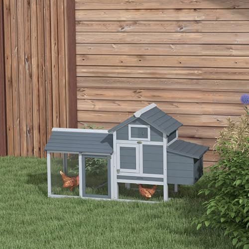 PawHut Grey Small Solid Wood In Ground Poultry Cage with 2 Doors, Nesting Box and Removable Tray D51-108GY | Hen House Poultry Cage, 2 Doors, Nesting Box, Removable Tray - color: Gray