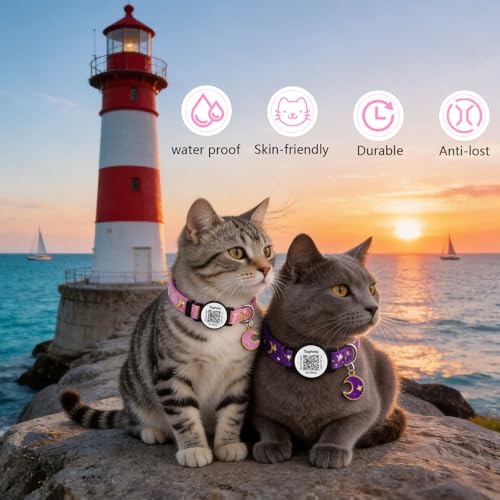 The Ultimate QR Code Pet ID Collar 4-Pack | Breakaway Adjustable Cat Collars with Secure Online Profile | Never Lose Your Cat with Cute Moon & Stars Design (Star & Moons - 4 Pack) - color: Star & Moons - 4 Pack