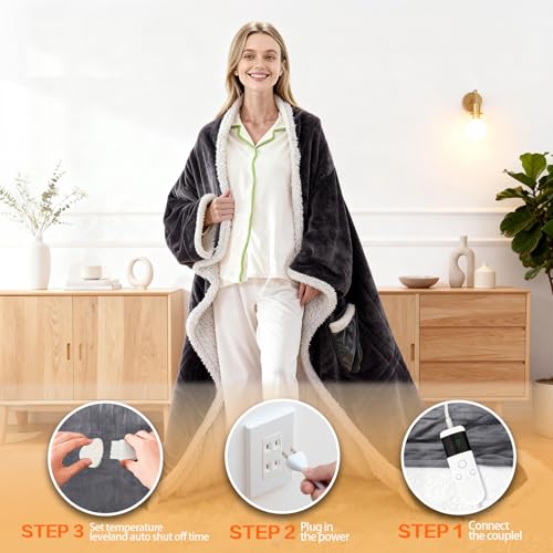 Wearable Heated Blanket With Sleeves & Foot Pocket, Heated Throw Blankets Fast Heating Blanket With 10 Heat Settings Auto Shut Off Over-Heat Protection-Warm Gift, Machine Washable, 52”*72”+18” - color: Dark Gray