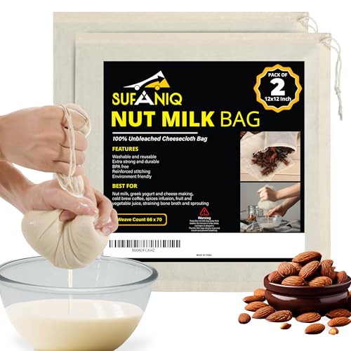 Nut Milk Bag - 2 Bags (12 x 12 Inch) 100% Unbleached Cotton Cheese Cloth Bag for Straining, Premium Nut Milk Bag Reusable, Nut Bag Strainer for Almond, Soy, Oat Milk, Juices, Cheese Making - size: 12x12 / 2 pieces