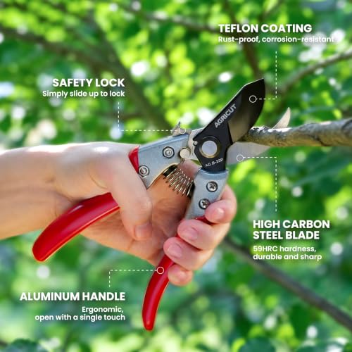 AGRICUT Hand Pruners with Sheath, Gardening Shears Scissors with Sheath | Pruning Shears with Sheath & Holster - Heavy Duty Garden Clippers with Case, Gardening Gifts for Men Women - style: Aluminum Handle, High Carbon Steel PRO with Sheath