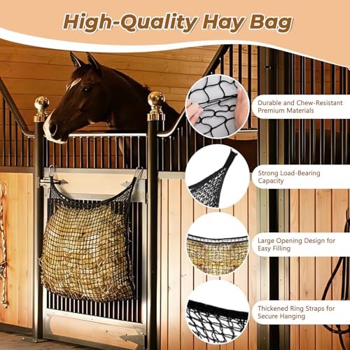 2 PCS Slow Feed Hay Net for Horses, Large Capacity Hay Bags with 4 Carabiner Clips and Gloves, Heavy Duty Slow Feeder for Horse Goat Sheep, Full Day Feeding for Stall Trailer, Black, 35 x 31 Inch