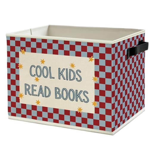 Book Kids Classroom Storage Bins Box with Handles, Cool Kids Read Books Red Blue Checkered Collapsible Basket Organizer for Boys Girls Bedroom Reading Corner Nook Room Books Clothes - color: Color20