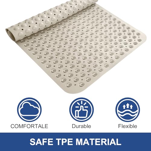 Shower Mat Non Slip: 34" x 23" Large Shower Mats for Inside Shower - Soft TPE Cuttable Anti Slip Shower Stall Mat with Drain Holes and Suction Cups - color: Khaki, size: 34" x 23" (Rectangular)