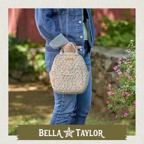 Bella Taylor Lunch Tote, Quilted Lunch Bag, Prairie Meadow | Lightweight quilted cotton lunch box, easy-to-clean PEVA lining, 3 outside/1 inside pocket, durable construction - color: Prairie Meadow
