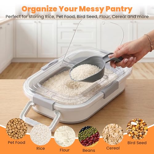 30 Lbs Rice Container, Collapsible Dog Food Storage Container | Airtight Cat Food Container with Wheels, Transparent Lid, Measuring Cup, Scoop and Handle, BPA Free for Pet Food, Bird Seed - size: 30lbs