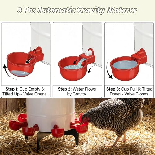 KOL 50LB Chicken Feeder & 3 Gallon Chicken Waterer Set, All-Metal 16 Port Feeder + 8 Cup Auto Waterer, No Waste, Weatherproof Poultry Feeding System Chicken Coop Accessories
