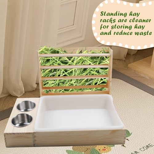 Rabbit Hay Feeder with Litter Box, 3 in 1 Wooden Bunny Feeder, Small Animal Hay Holder Rack for Rabbit, Guinea Pig, Hamster, Ferrets