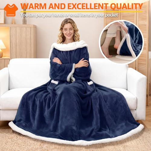 Wearable Heated Blanket With Sleeves & Foot Pocket, Heated Throw Blankets Fast Heating Blanket With 10 Heat Settings Auto Shut Off Over-Heat Protection-Warm Gift, Machine Washable, 52”*72”+18” - color: Navy