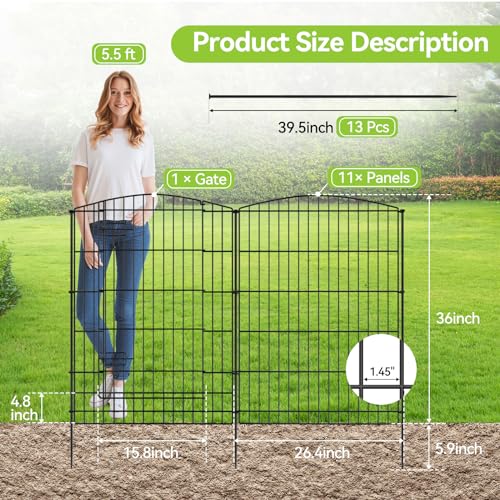 INJOPEXI Decorative Garden Fence 12 Panels 26ft (L)×36in (H) Garden Fences with 11 Panels + 1 Gate, No Dig Animal Barrier Rabbit Fencing Rustproof Metal Wire Temporary Dog Fence for Patio Outdoor Yard - size: 12 Panels 26ft(L)-36"(H) - With Gate
