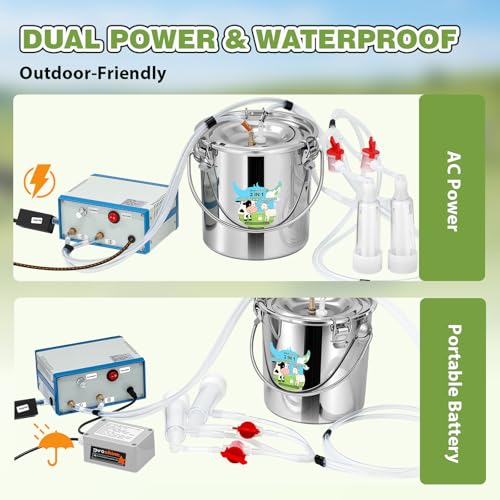 Upgraded 2-in-1 Goat Milking Machine 7L, Vacuum Pulsation Milker | Battery Powered Goat Milker with 4 Teat Cups, for Goat Cow, Auto Stop, 304 Stainless Steel Bucket, Pulsation Pulsation System - size: 7L