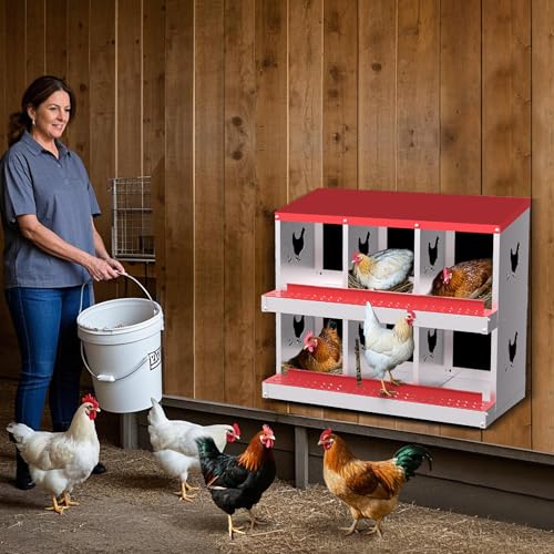 Chicken Nesting Boxes, Heavy-Duty 8-Compartment Metal Chicken Nesting Box – Removable Tray, Ventilation Holes, Easy Egg Collection, Rustproof Galvanized Steel - Red - 6 - Slot - color: Red, size: 6 - Slot - Upgraded Version