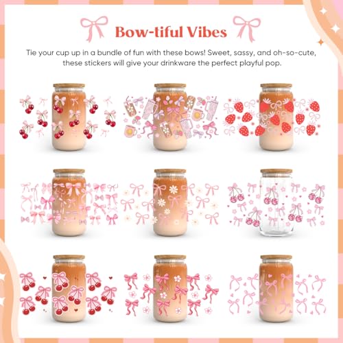 Kaciola 10 Sheets UV DTF Cup Wraps for 16 oz-Bow Theme UV DTF Stickers, 1 Sheet Mysterious Pattern Transfer, Rub on Transfers Stickers for 16 oz Libbey Glasses Crafting - style: Pink Bow