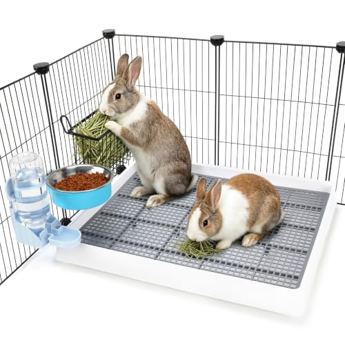FHTONGE 4 in 1 Ultra Large Rabbit Litter Box with Feeder Combo Set for Cage | Metal Hay Rack, Water Bottle, Food Bowl, Low Entry Trainer Tray, Bunny Toilet and Feeder for Small Animal Rodent Ferret Rat - size: 22x18x3"(58x46x9cm)