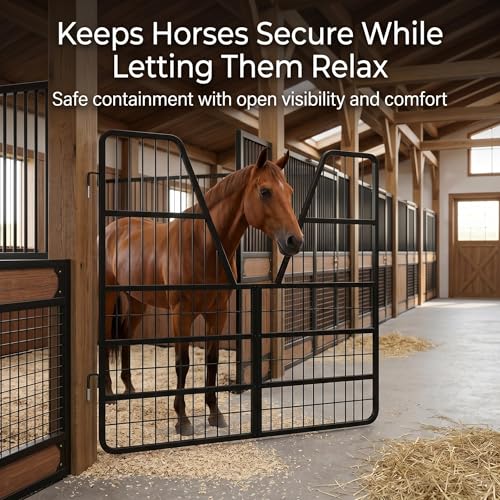 52"x42" Heavy Duty Reinforced Frame Horse Stall Gate, Alloy Steel Horse Gate with Heavy Duty Stall Guard, Galvanized Rustproof Chew Proof, Reinforced Frame Plus Heavy Hinges, Two Way Opening - size: 52 in × 42 in × 0.8 in