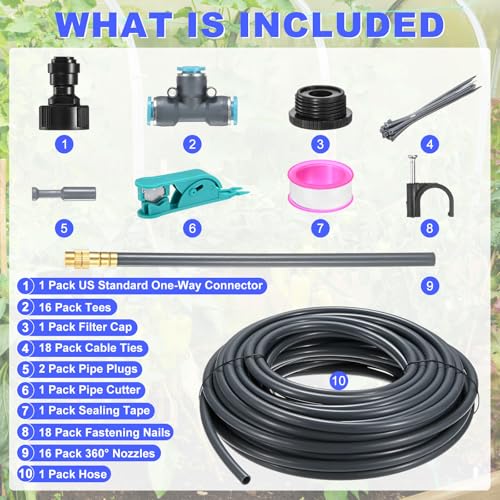 M METERXITY 1-Set Drip Irrigation System, 50Ft 5/16" Hose Garden Watering Misting System with 16pcs 360° Adjustable Copper Nozzles for Greenhouse/Yards/Lawns, Atomizing Watering Accessories - color: Gray + Gold Tone, size: 50Ft 5/16"
