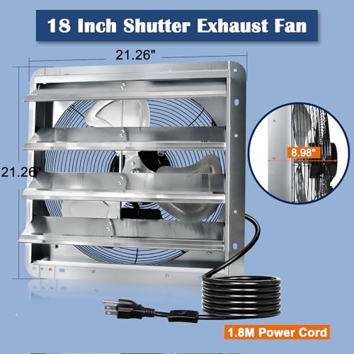 Hiorucet 18 Inch Shutter Exhaust Fan with 1.8m Power Cord, 2500CFM High Speed Low Noise Aluminum Louvered Exhaust Fan Wall Mounted for Greenhouse, Garage, Shop, Attics, Chicken Coop Ventilation Fan. - size: 18'' Exhaust Fan