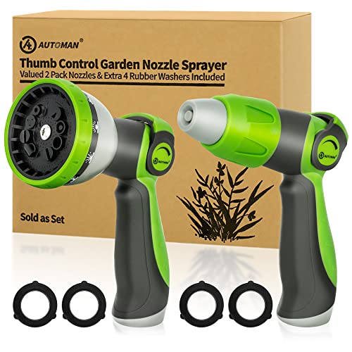 AUTOMAN Garden Hose Nozzle - 2 Pack, Thumb Control Sprayer, Slip-Resistant Water Nozzle, Extra 4 Washers, for Watering Plants Lawn & Garden, Cleaning, Washing Car, Showering Pets - color: Lawngreen X2