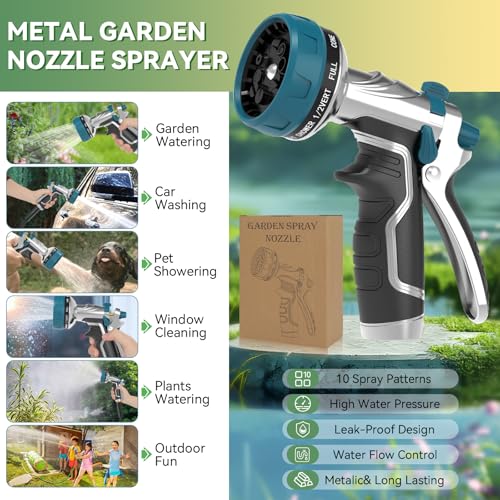 Garden Hose Nozzle, Heavy Duty Metal Water Hose Nozzle with 8 Adjustable Spray Patterns, High Pressure Hand Sprayer with Flow Control for for Garden Watering, Car & Pet Washing - color: Blue
