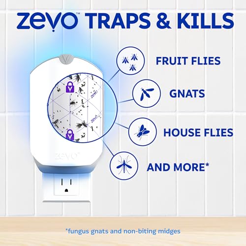 Zevo Flying Insect Trap for Fruit Flies & Gnats, 4 Bases & 4 Refills | Fly Trap Catches House Flies, Gnats & Fruit Flies 24/7, Spray-Free, Odor-Free, Blue & UV Light, Safe for Kids & Pets* - style: 4 Devices & 4 Cartridges