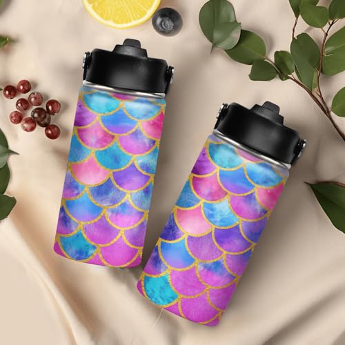 SANDJEST Mermaid Water Bottle for Girls Kids Kid Insulated Water Bottles 12oz Stainless Steel Travel School Tumbler Double Wall Vacuum Cup with Straw - color: Mermaid Scale