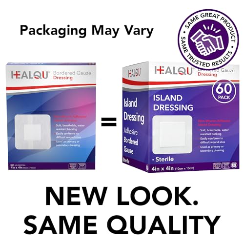 HEALQU Island Dressing - 4"x4", 60 Count - Bordered Gauze Sterile Individually Wrapped Gauze Pads, Water-Resistant, Non-Woven Backing - Soft and Breathable Wound Dressing for First Aid and Medical - size: 4x4" (60 Pack)