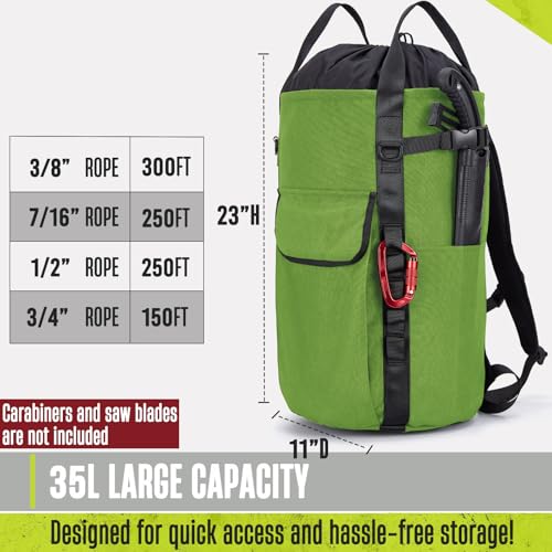 Arborist Rope Bag, 35L Tree Climbing Rope Bag, Arborist Equipment Bucket Backpack, Arborist Gear Carrier Bag with Side Pockets, Tough Rock Climbing Backpack, Rock and Tree Climbing Gear - color: Green