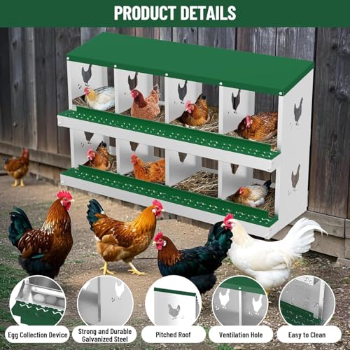 Chicken Nesting Box, 8-Hole Nesting Boxes, Removable Tray, Ventilation Holes, Easy Egg Collection & Cleaning, Laying Boxes for Hens, Green - color: Green, size: 8 Holes