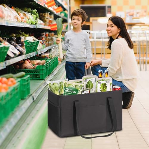 LHZK Standing Utility Tote Bag with Metal Wire Frame and the Sides Rinforced, Large Tote Bag with Handle, Reusable Grocery Bags Foldable, Beach Bag, Car Tote (Black, 18.5''x11.8''x11.5'') - color: Black, size: 18.5''x11.8''x11.5''-1 Pack