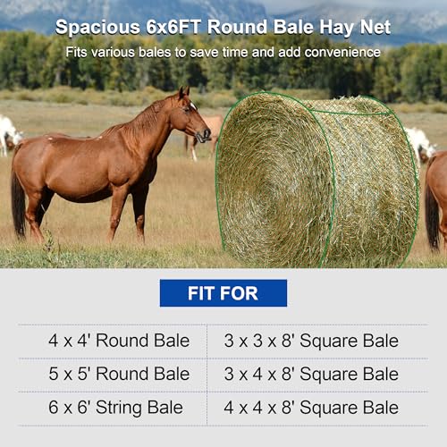 6x6 ft Round Bale Hay Net- Large Slow Feed Hay Net for Horses Goat Livestock, Knotless Sturdy Whole Bale Feeder with 1.57" Holes Fits for Round Bales 4x4 5x5, 6x6ft or Square 3x3x8, 4x4x8, 5x5x8ft - style: 6*6Ft(Green)