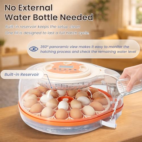 Smart Egg Incubator with Voice Control, 26 Chicken Eggs | Hatches 26 chicken or 59 bird eggs; automatic egg turner with thermometer seat, humidity control and water reservoir.