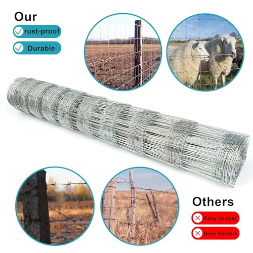 Farm Fence 48in x 50ft Heavy Zinc Coating Cattle Fence,Galvanized Field Wire Fencing Deer Fence,Goat Fence,Hog Wire Fencing for Yard Livestock & Animals Protection - size: Silver 48inx50ft