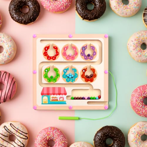 QimuMku Magnetic Maze Wooden Busy Board & Travel Toy for Toddlers Ages 2-4 | Magnetic maze travel activity for toddlers that builds fine motor skills, focus and screen-free learning on the go - color: Donut Magnetic Maze