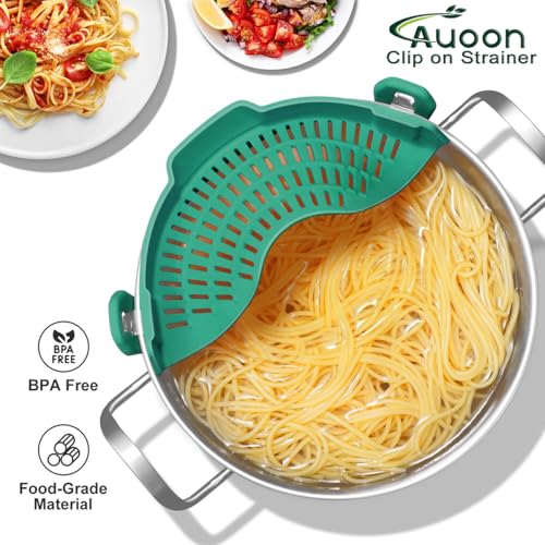 AUOON Pot Strainer Clip on Silicone, Large 10.45 x 4.33 in, Sea Blue | Fits Pots Pans Bowls, Dishwasher Safe, for Pasta Noodles Vegetable Fruits, Space-saving Kitchen Gadget - color: Sea Blue, size: Large 10.45 x 4.33 in