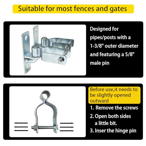 2Pcs Heavy Duty Gate Hinges, 1-3/8" Wall Mount Hinge for Chain Link Fence & Wood Gate, Steel Outdoor Gate Hardware, Farm Gate Hinges & Fence Parts