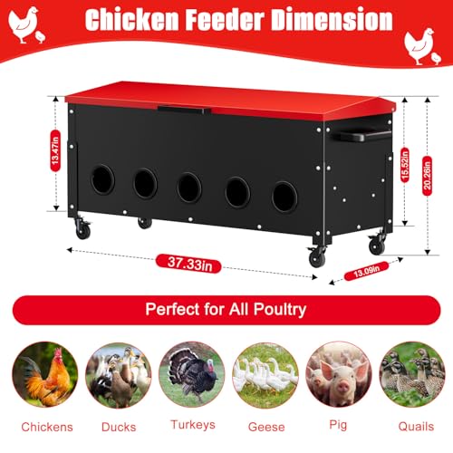 120lb Automatic Metal Chicken Feeder, Heavy Duty Gravity Chicken Feeder Box with Weatherproof Lid Brake Casters,Portable Chicken Feede No Waste Poultry Feeder for Ducks, Geese