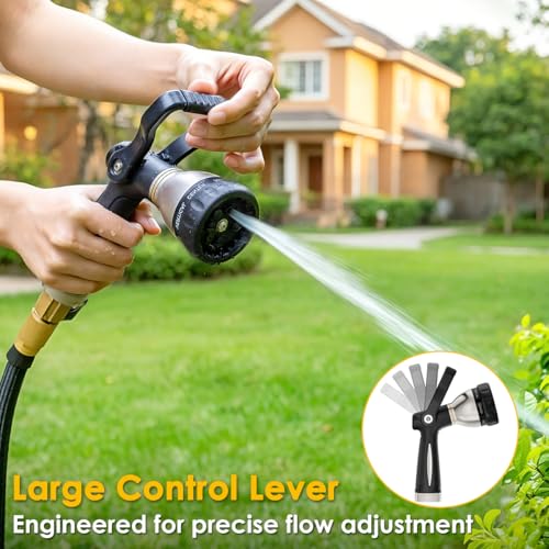 FANHAO Fireman Style Water Hose Nozzle Heavy Duty Metal, 8 Spray Patterns | Large Lever Control, Non-Slip Ergonomic Grip, High Pressure, Rustproof Leakproof Garden Hose Sprayer for Garden, Car & Pet - color: Black