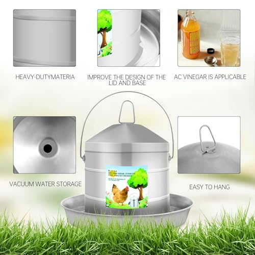 Automatic Chicken Waterer 8L/2.1Gal, 304 Food Grade Stainless Steel Heavy Duty Reliable Long-Lasting Poultry Waterer with Handle, High Strength Structure 0.035 Inch Metal Thickness, No Assemble