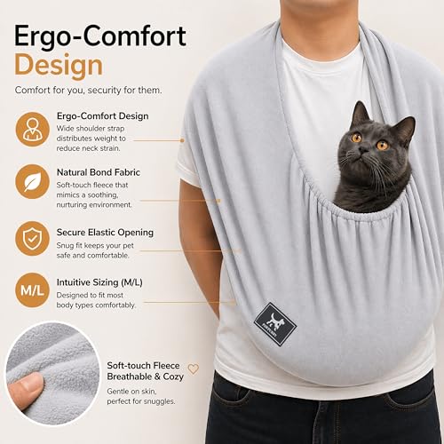 Plus Size Cat Sling, Polar Fleece Carrier for Large Cats, Size L | Extra Roomy Hands-Free Pet Pouch for Indoor Home Use, Metal-Free Cozy Wearable Carrier for Large Cats and Owners, Light Gray - color: Light Gray, size: Large (Plus)