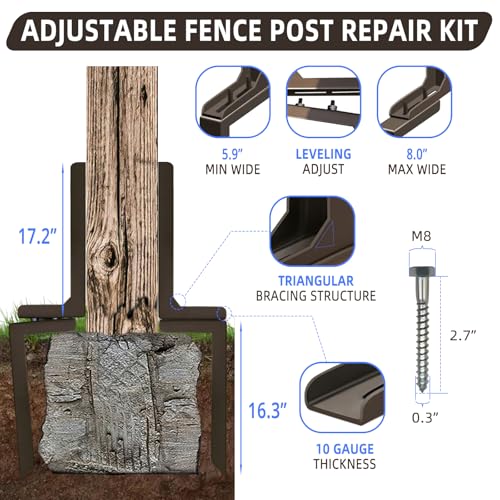 Adjustable Fence Post Repair Kit Quick Easy Fix Broken Leaning Wooden Post | Heavy Duty Steel, Uneven Ground & Underground Obstacles Adjust, Wood Fence Post Anchor Stakes Support - size: Pack of 2