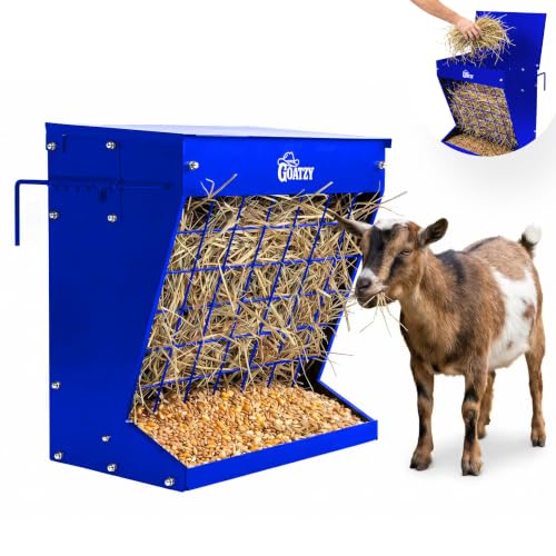 Wall Mount Hay Rack And Hay Feeder For Goats Sheep And Horses, Covered Galvanized Steel Goat Hay Feeder With Hinged Roof, 25 Gallon 2-In-1 No Waste Hanging Holder Grain Bin with hook For Cattle - color: Blue
