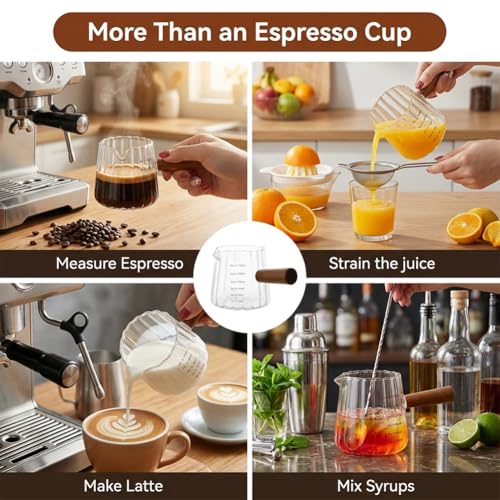 2 Pack Espresso Measuring Cups 6 Oz (180ml), Glass Milk Frothing Pitcher with Wood Handle, V-Shaped Spout with Oz & ML Markings, Heat-Resistant Espresso Shot Cups for Coffee, Milk