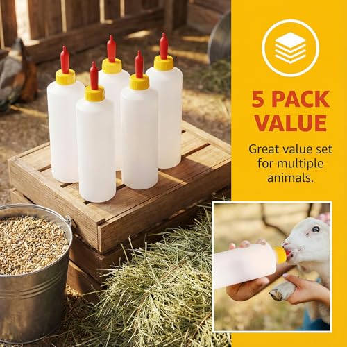Housoutil 400ml Lamb Feeding Bottle, 1 Set Baby Goat Bottles with Nipples, Farm Feeding Bucket for Livestock Such as Lambs, Suckling Pigs, Calves (5 feeders, Plus 5 Nipple)