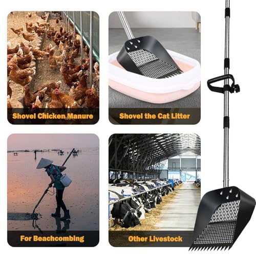 2-in-1 Chicken Poop Scooper & Rake,Large Adjustable Metal Shovel Head Chicken Coop Scooper for Sand with 22 to 63",10" Wide Durable Sand Sifting Shovel with Grip for Chicken Coops & Small Farm Animals